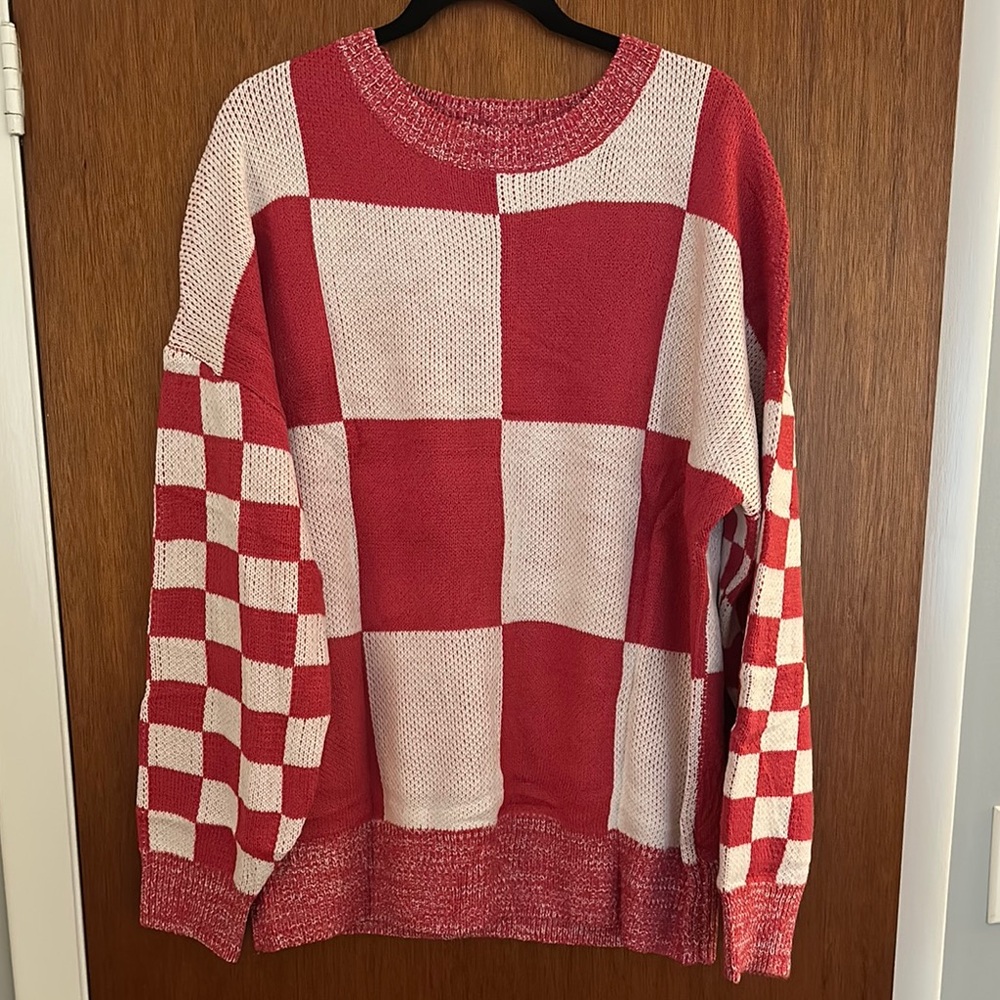 Red and White Checkered Knit Sweater
